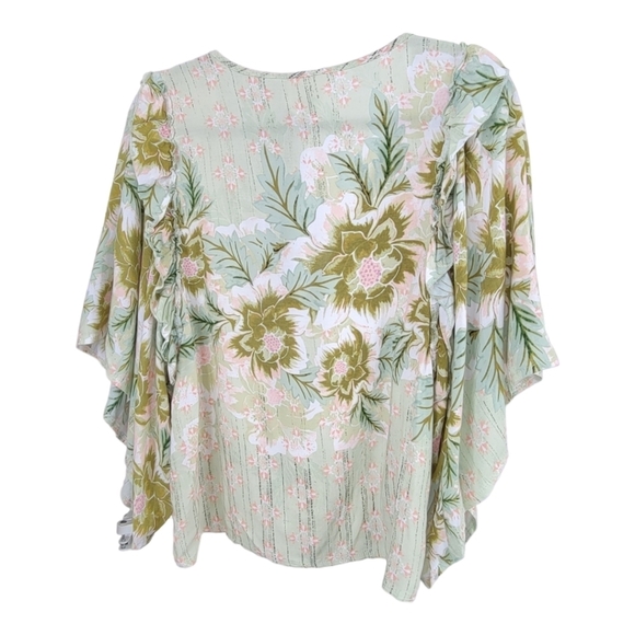 JAASE Flutter Sleeve Deep Vneck Top XS Green Floral Boho Fairy Garden Girl - Picture 3 of 8